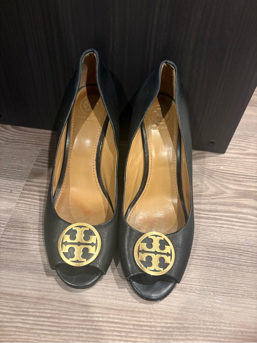 Tory Burch Black Leather Peep-Toe Pumps with Gold Logo Medallions